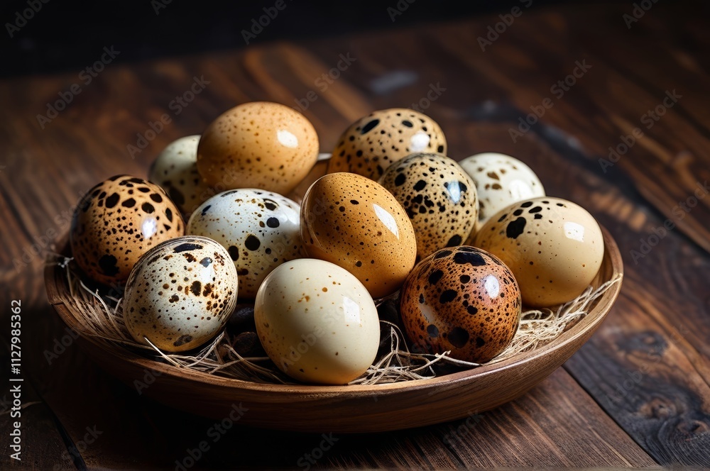 Obraz premium arafed bowl of eggs with spotted spots on them on a wooden table