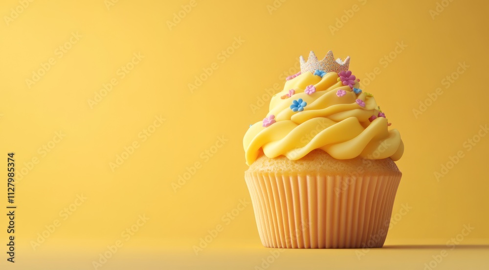 Yellow cupcake with frosting, sprinkles, and a crown on yellow background. Yellow cupcake with frosting, sprinkles, and a crown on yellow background.