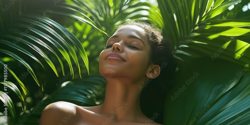 A peaceful woman stands serenely amid lush tropical leaves, illustrating a connection to nature and a moment of tranquility, highlighting relaxation and inner peace in harmony. A peaceful woman stands serenely amid lush tropical leaves, illustrating a connection to nature and a moment of tranquility, highlighting relaxation and inner peace in harmony.