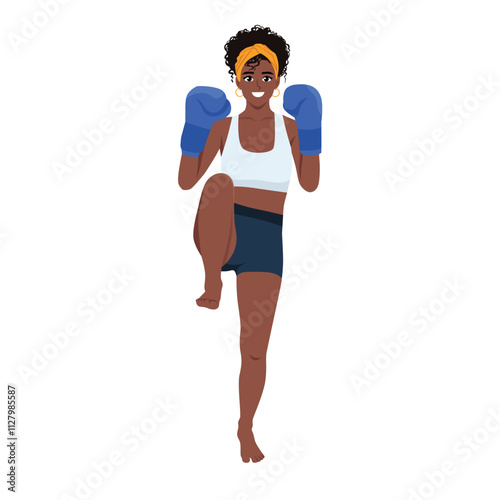 Woman is a fighter muay thai make knee strike. Flat vector Character Illustration