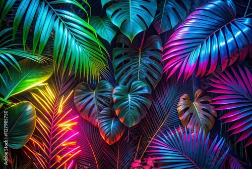 Dark green tropical leaves colorful neon light backlight monstera palm Generative AI