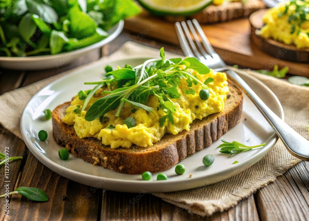 Creamy avocado toast topped with fluffy scrambled eggs and vibrant greens for a healthy and satisfying breakfast. Creamy avocado toast topped with fluffy scrambled eggs and vibrant greens for a healthy and satisfying breakfast.
