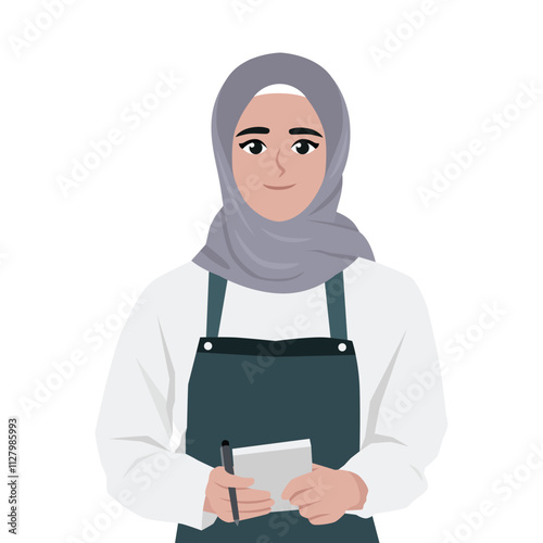 Young Waitress Holding a Pen and Notepad Taking Order. Flat vector Character Illustration