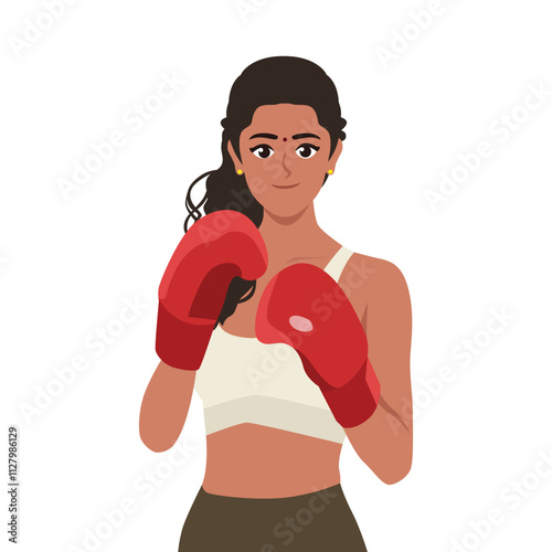 Beautiful woman during fitness time and boxing. Flat vector Character Illustration