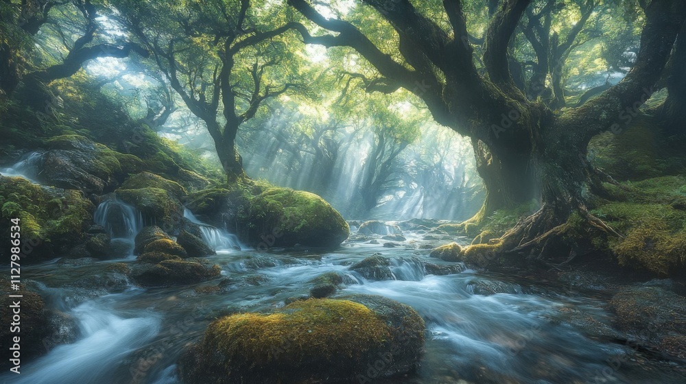 Sunlit Stream Flows Through Mossy Enchanted Forest Sunlit Stream Flows Through Mossy Enchanted Forest