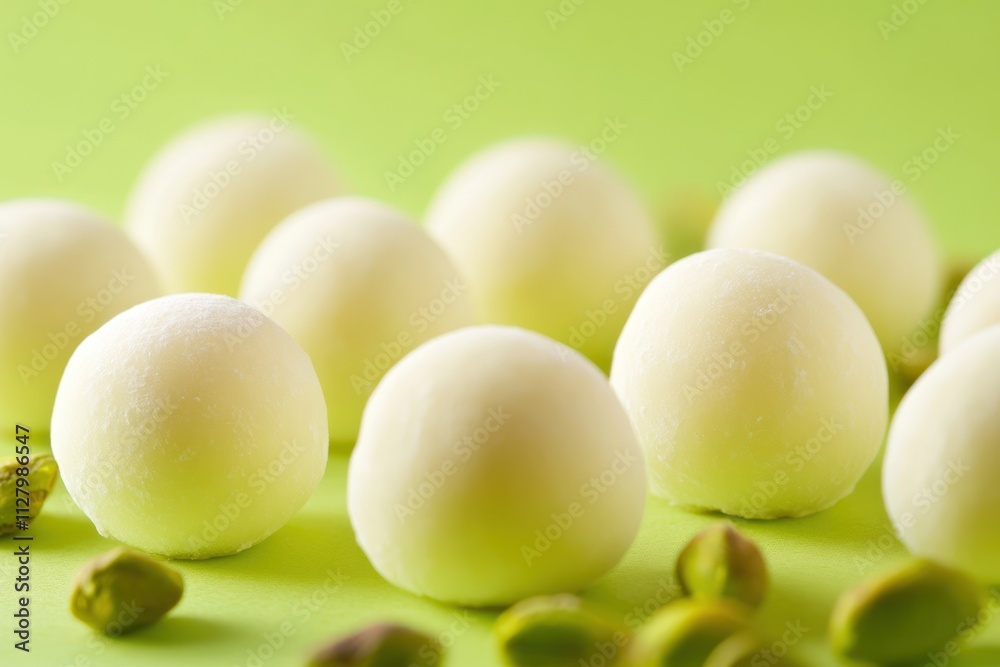 Close-up of creamy white round chocolates with pistachios. Close-up of creamy white round chocolates with pistachios.