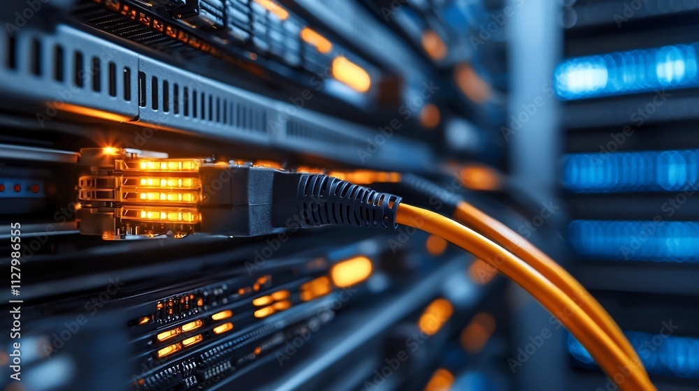 Glowing fiber optic cables in a dark data center server room visualizing the complex network connectivity and technology infrastructure powering modern digital systems