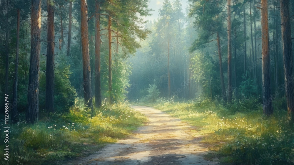 Fototapeta premium Sunlit Path Through A Lush Pine Forest