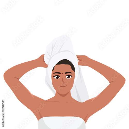 Woman wiping her hair with a towel after taking a bath. Flat vector Character Illustration