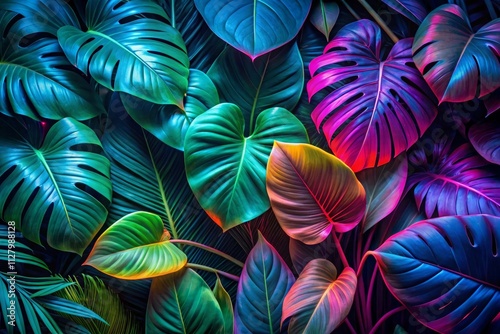 Wallpaper Mural Dark green tropical leaves colorful neon light backlight monstera palm Generative AI Torontodigital.ca