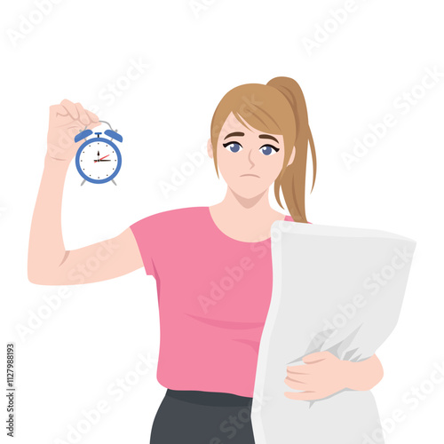 Woman with insomnia. Sleepy female character who cant sleep holding pillow and alarm clock. Flat vector Character Illustration
