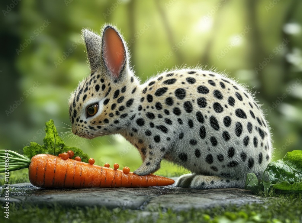 Adorable cheetah-patterned bunny rabbit nibbling on a carrot in a lush green forest setting. Adorable cheetah-patterned bunny rabbit nibbling on a carrot in a lush green forest setting.