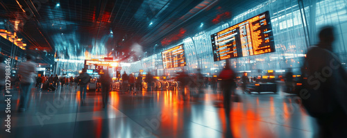 wide angle shot of bustling airport terminal with passengers moving through space, illuminated by vibrant lights and large digital flight information boards