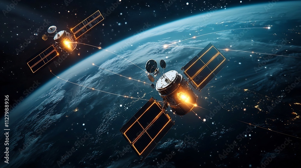 A satellite network orbiting Earth with glowing lines representing a global atmospheric monitoring system showcasing the technological advancements in environmental sustainability and scientific A satellite network orbiting Earth with glowing lines representing a global atmospheric monitoring system showcasing the technological advancements in environmental sustainability and scientific