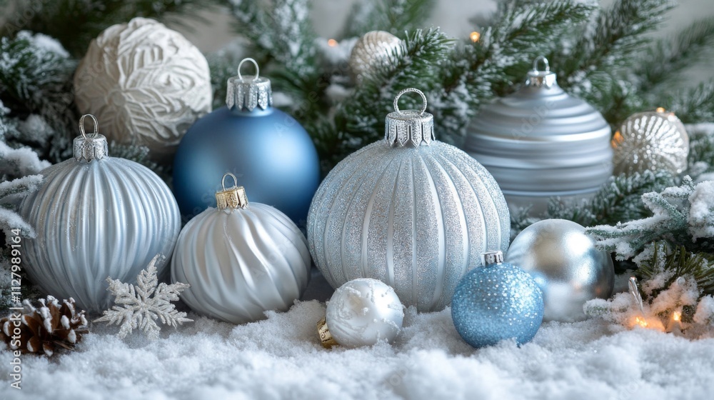 Silver and blue christmas ornaments nestled in snow Silver and blue christmas ornaments nestled in snow