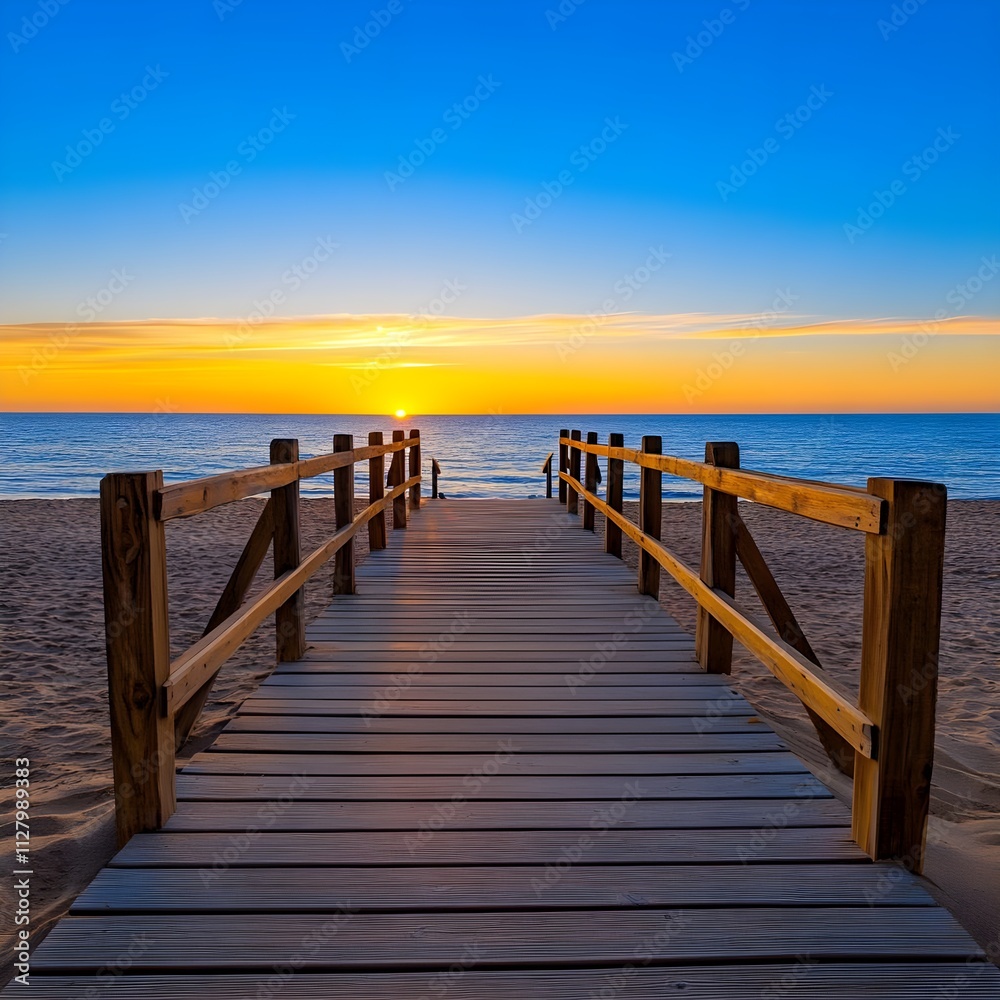 Wooden Pathway to Sunset: Stunning View of a Boardwalk Leading to the Ocean Horizon During a Vibrant Sunset, Capturing the Serenity and Beauty of a Beachside Evening Wooden Pathway to Sunset: Stunning View of a Boardwalk Leading to the Ocean Horizon During a Vibrant Sunset, Capturing the Serenity and Beauty of a Beachside Evening
