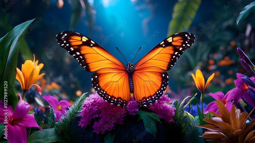 Radiant Monarch Butterfly: Vibrant Orange Butterfly Resting on Lush Pink Flowers in a Mystical Garden, Surrounded by Colorful Blooms and a Magical Glow in a Dreamlike Scene Radiant Monarch Butterfly: Vibrant Orange Butterfly Resting on Lush Pink Flowers in a Mystical Garden, Surrounded by Colorful Blooms and a Magical Glow in a Dreamlike Scene