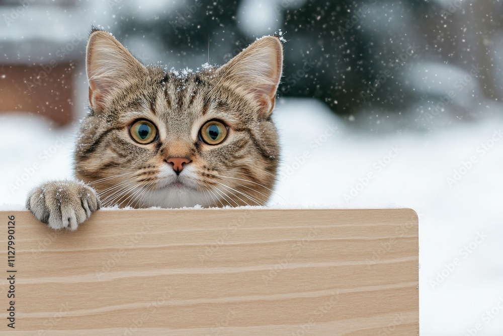 Adorable Cat Peeking Over Message Board in Snowy Landscape