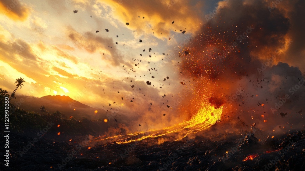 Fototapeta premium Volcanic Eruption at Sunset: A Fiery Spectacle