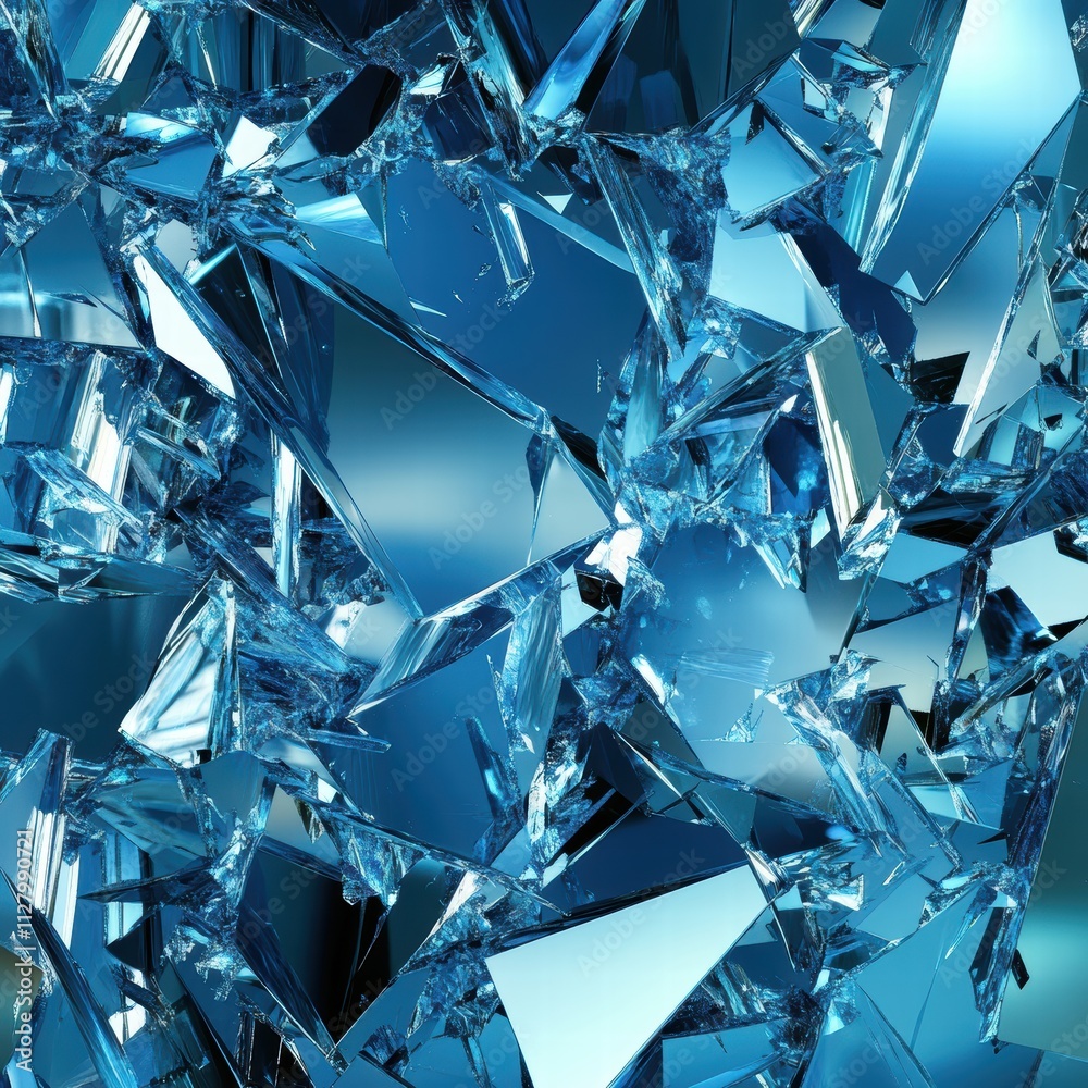 Shattered Blue Glass Pieces with Reflections and Texture Details Shattered Blue Glass Pieces with Reflections and Texture Details