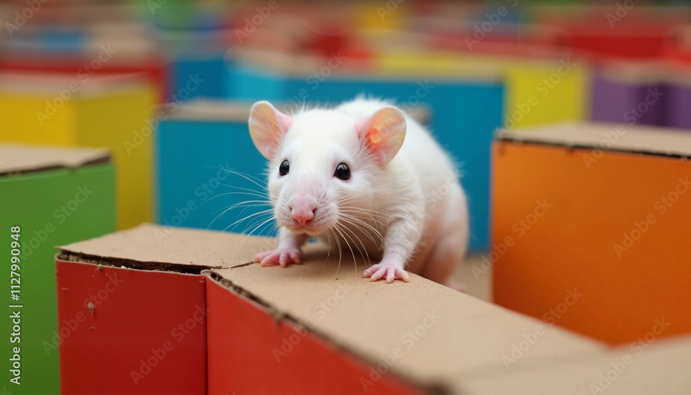 Fototapeta premium White mouse explores colorful cardboard structures in a playful setting