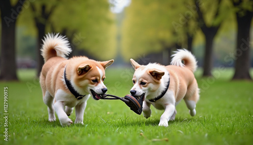 Two playful dogs tugging on a leash in a sunny park with vibrant trees