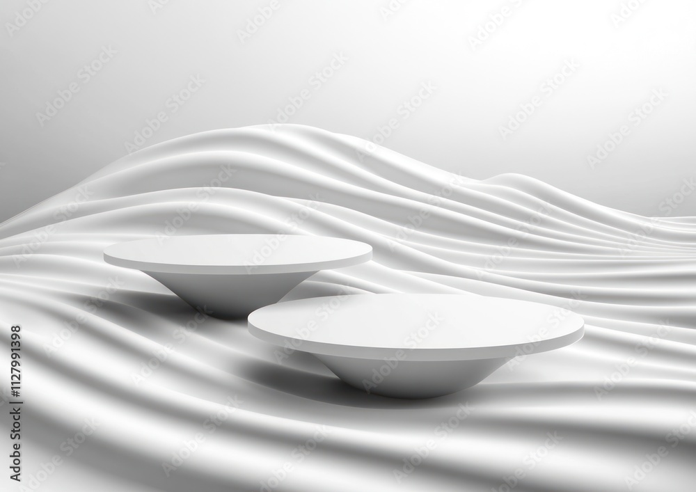 Two white circular podiums on a wavy white fabric background.