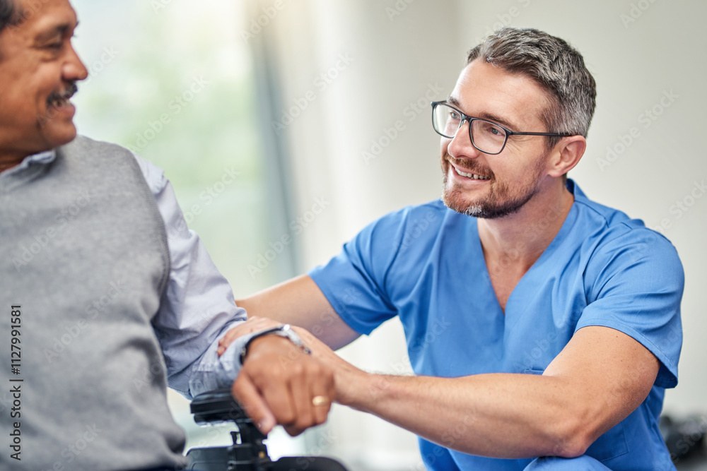 Wheelchair, happy and nurse with senior man for care, support and recovery in consultation. Healthcare, clinic and elderly person with disability with medical caregiver for rehabilitation and healing Wheelchair, happy and nurse with senior man for care, support and recovery in consultation. Healthcare, clinic and elderly person with disability with medical caregiver for rehabilitation and healing