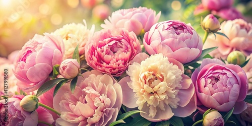 Vintage Style Photography of Fresh Bright Blooming Peonies Flowers as a Natural Background in Soft Pastel Colors with Romantic Floral Aesthetic for Home Decor and Inspiration