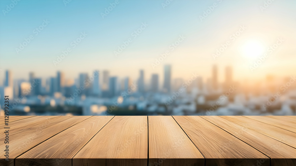 Wooden Tabletop Cityscape Background Illustration Wooden Tabletop Cityscape Background Illustration