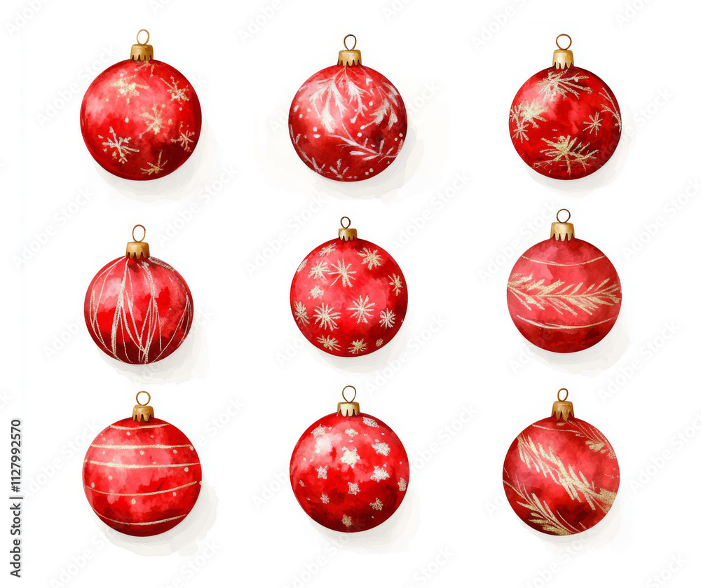A Christmas collection of red ornaments and New Year's decorations illustrated in a hand-drawn watercolor style on a white background. A Christmas collection of red ornaments and New Year's decorations illustrated in a hand-drawn watercolor style on a white background.
