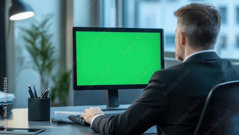 Businessman working at computer with green screen. Businessman working at computer with green screen.