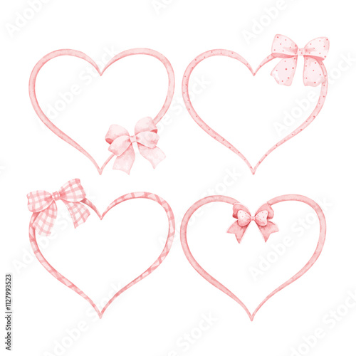 Watercolor Illustration Set of Pink Ribbon Heart Shape Frame