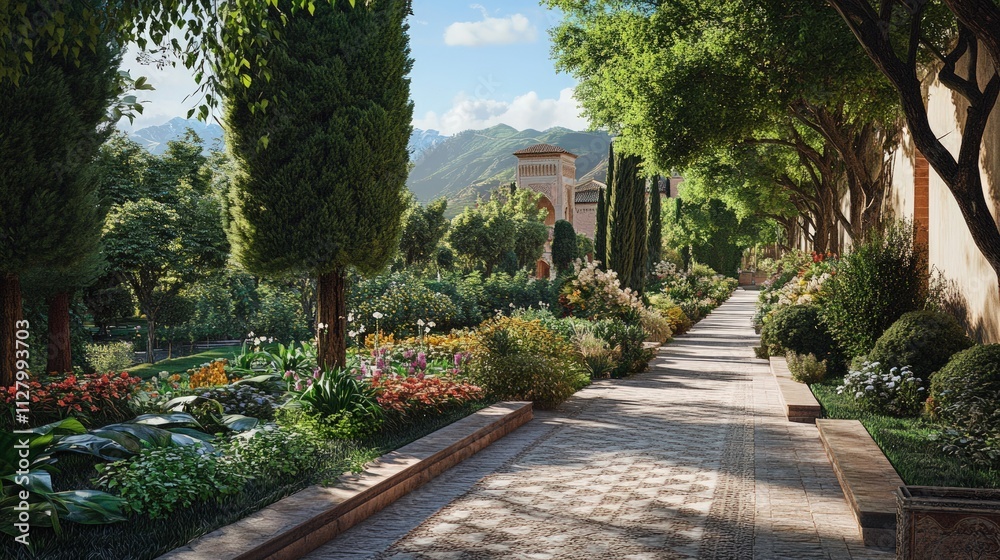 Fototapeta premium Sunlit garden path, lush flowers, mountain backdrop.
