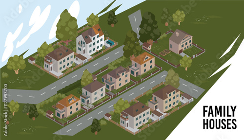 Downtown. Small family houses. Vector illustration