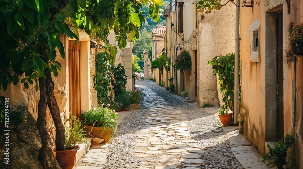 Fototapeta premium Charming European village alleyway. Concept of travel, vacation, and exploration.