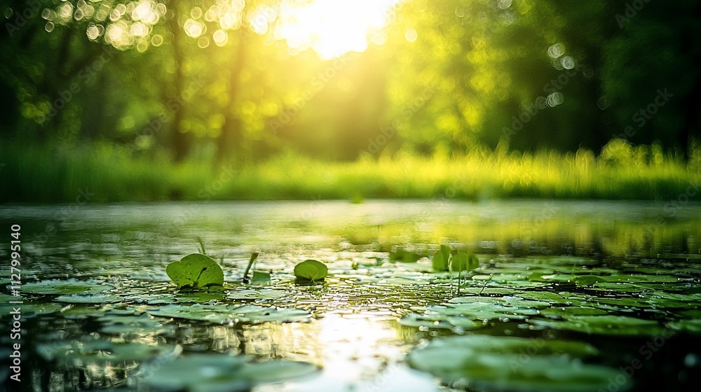 Sunlit pond with lily pads and lush greenery. Sunlit pond with lily pads and lush greenery.
