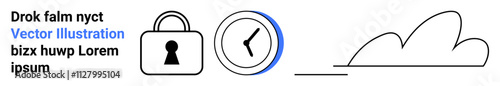 Lock icon, clock with blue circle, and cloud next to blue and black text. Ideal for security, time management, cloud computing, digital identity, data protection, productivity and online services