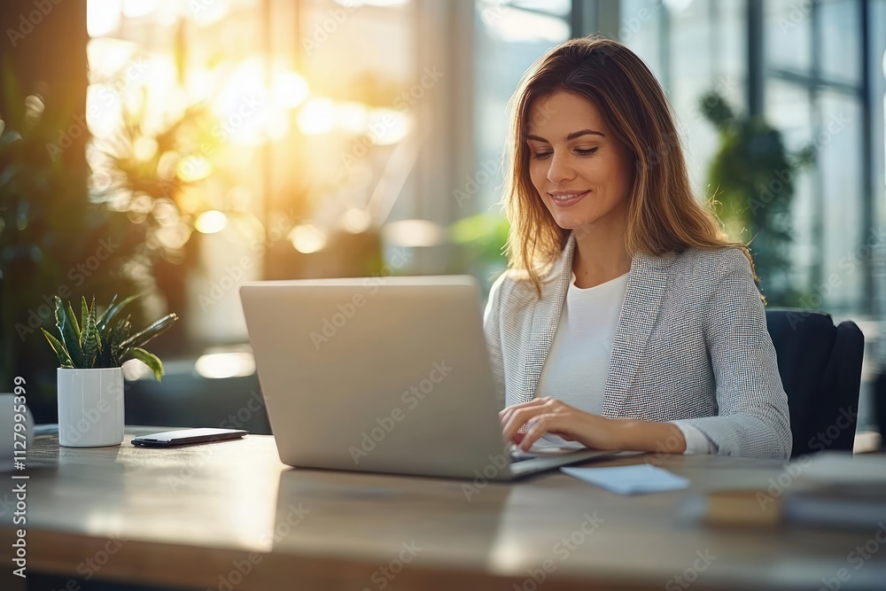 Professional Woman Typing on Laptop in Minimalist Office Natural Light Happy Business Executive Professional Woman Typing on Laptop in Minimalist Office Natural Light Happy Business Executive