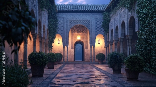 Ornate courtyard, lanterns, plants, stone pathway.