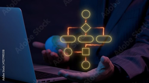 Business process and workflow automation with flowchart. Business and technology concept. Businessman shows glowing neon line of arranging processing management on virtual screen.