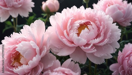Pastel pink peonies in full bloom with intricate details and soft lighting , soft focus, floral arrangement