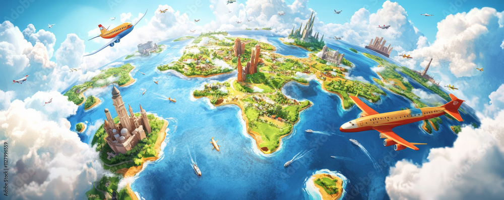 colorful world map illustration with cartoon style airplanes flying over continents, surrounded by clouds, landmarks, and oceans, evoking sense of adventure and exploration