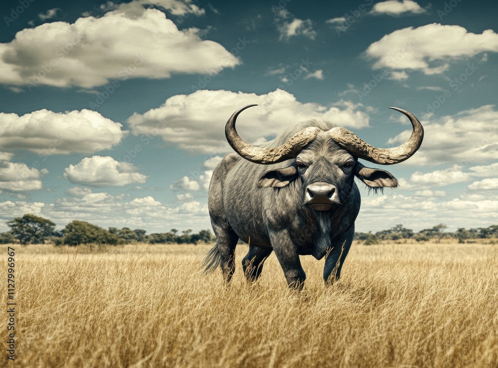 Majestic African buffalo bull in tall grass under a dramatic sky. Majestic African buffalo bull in tall grass under a dramatic sky.