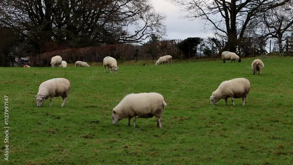A flock of Sheep grazing in field with Jackdaws, Coloeus monedula. Winter. Powys. Wales. UK A flock of Sheep grazing in field with Jackdaws, Coloeus monedula. Winter. Powys. Wales. UK