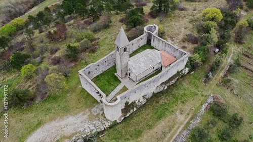 Aerial view of Church of the holy trinity (Cerkev Sv. Trojice), Koper, Slovenia photo