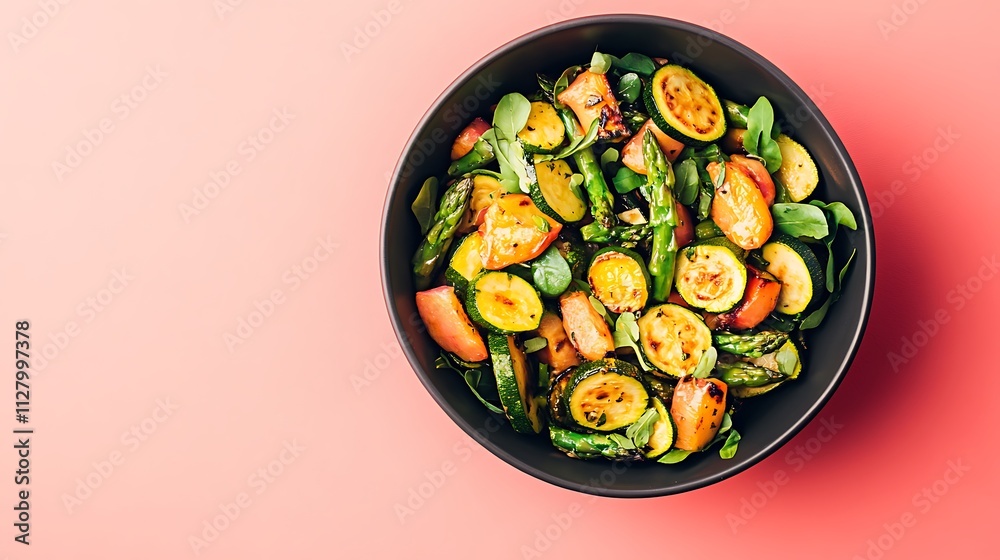 A bowl of roasted vegetable salad with asparagus and zucchini, presented on a bold pink background, leaving a clear area for captions A bowl of roasted vegetable salad with asparagus and zucchini, presented on a bold pink background, leaving a clear area for captions