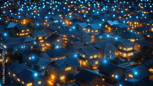 Night view of a suburban neighborhood with illuminated houses and streetlights.