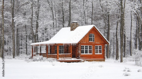 Snowy Winter Cabin Nestled Amongst Trees