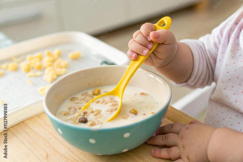 Baby hold yellow spoon over cereal in bowl. Breakfast for kid Baby hold yellow spoon over cereal in bowl. Breakfast for kid